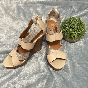 Seychelles metallic silver & tan leather block wood wedge heels 7.5
